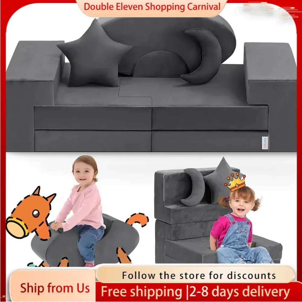 Modular Kids Play Couch with Star & Moon 2 Pillows, Versatile Building Fort Foam Couch Imaginative Gifts for Boys & Girls,(Grey)