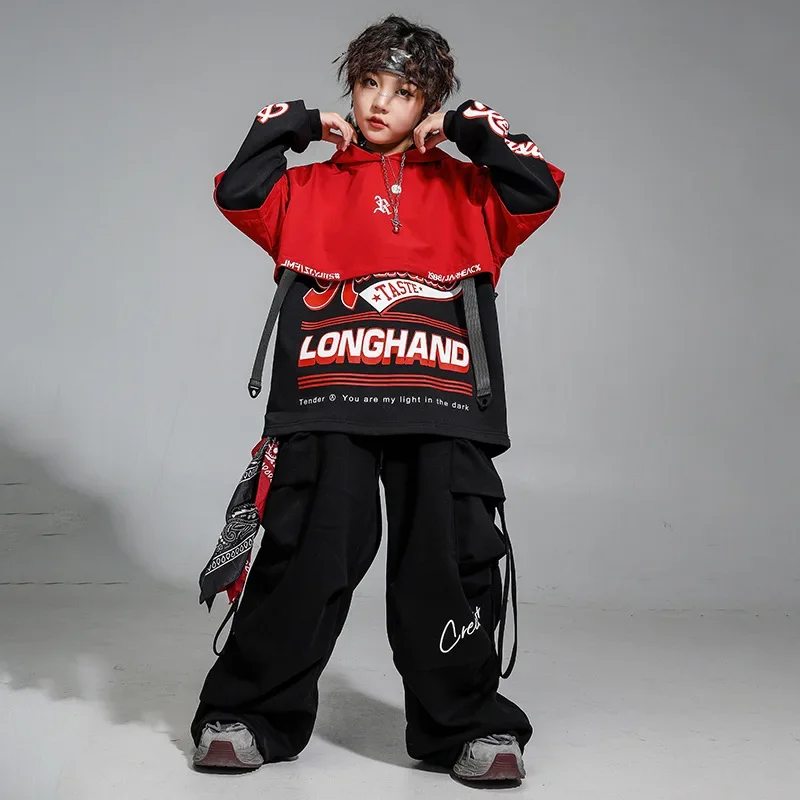

Hip Hop Street Dance Clothes Red Crop Hoodie Print Sweatshirt Black Pants for Girl Boy Jazz Dance Costume Stage Performance Wear