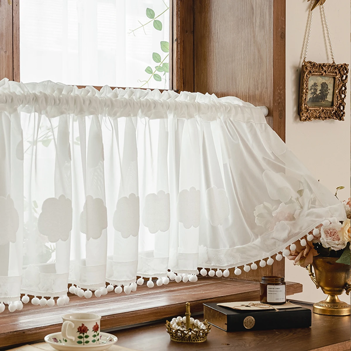 White Jacquard Cloud with Small Pom-pom at the Bottom Small Window Gauze Curtain Retro Romantic Kitchen Room Bookcase Blocking