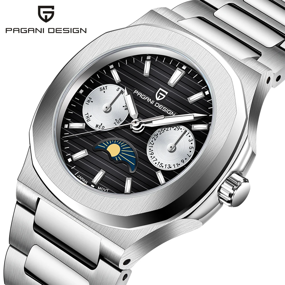 PAGANI DESIGN Multifunctional Quartz Watches For Men Moon phase Automatic Date Week  Chronograph Stainless steel Wrist watch men