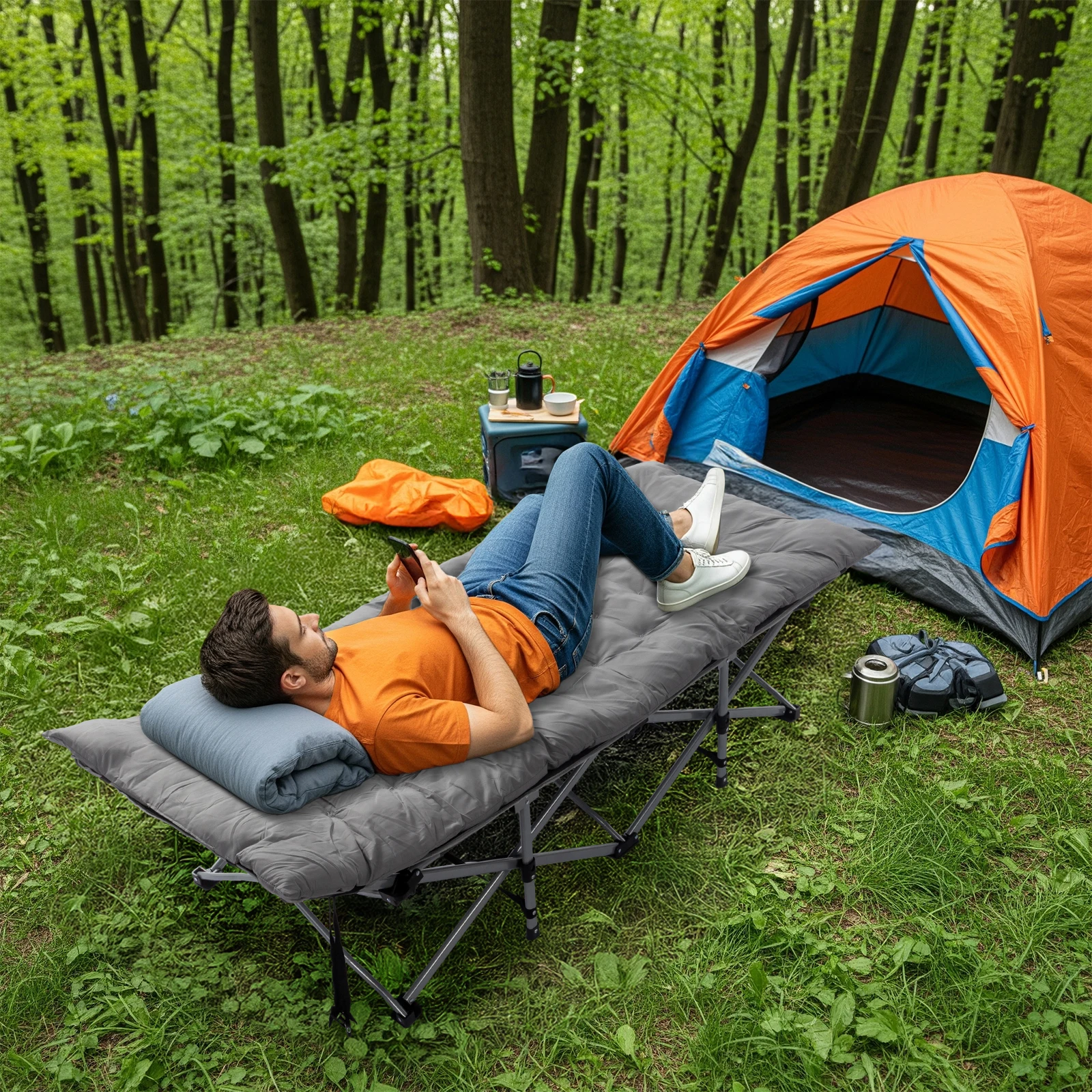 

Gray Folding Camping Cot with Soft Pad Portable Outdoor Sleeping Bed for Adults