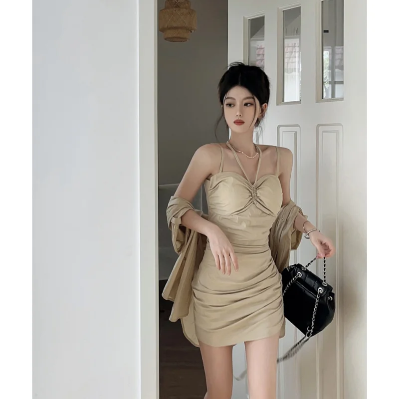 

Summer Khaki Dress Womens Straps Dress Solid Sleeveless Cardigan Coat Fashion Suspender Simple Female Temperament Party Dress