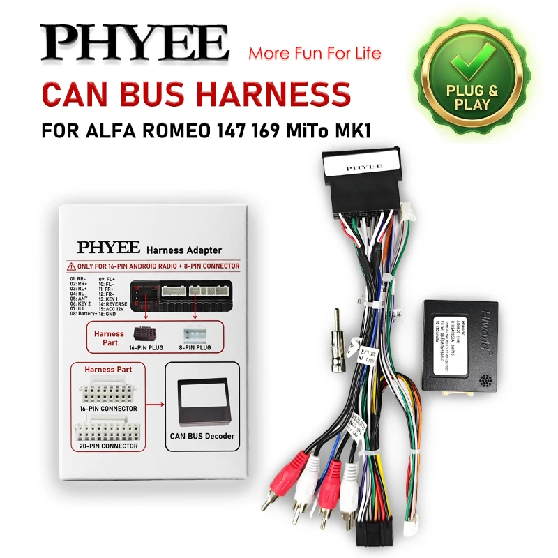 

Mini-ISO Harness with CAN Bus Decoder for Alfa 147 169 MiTo MK1 Giulietta 2010-2013, SWC Retention, P&P 16Pin Android Adapter