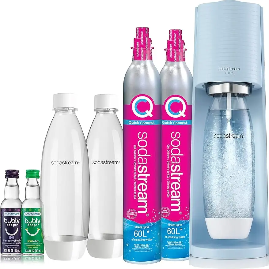 Terra Sparkling Water Maker Bundle (Misty Blue), with CO2, DWS Bottles, and Bubly Drops Flavors