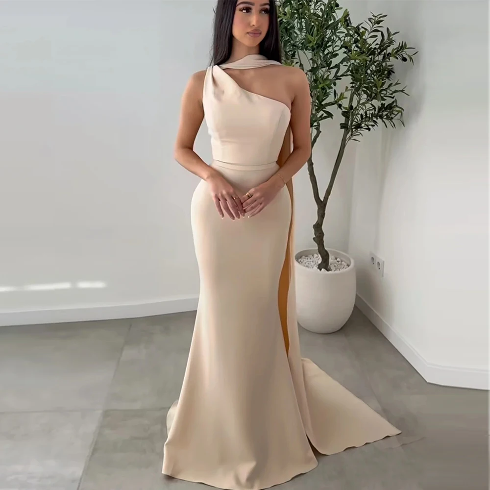 

Вечерние платья русалки по индивидуальному заказу для женщин, шарф с лямкой на шее, роскошное вечернее платье цвета шампанского на одно плечо, элегантные вечерние платья для выпускного вечера