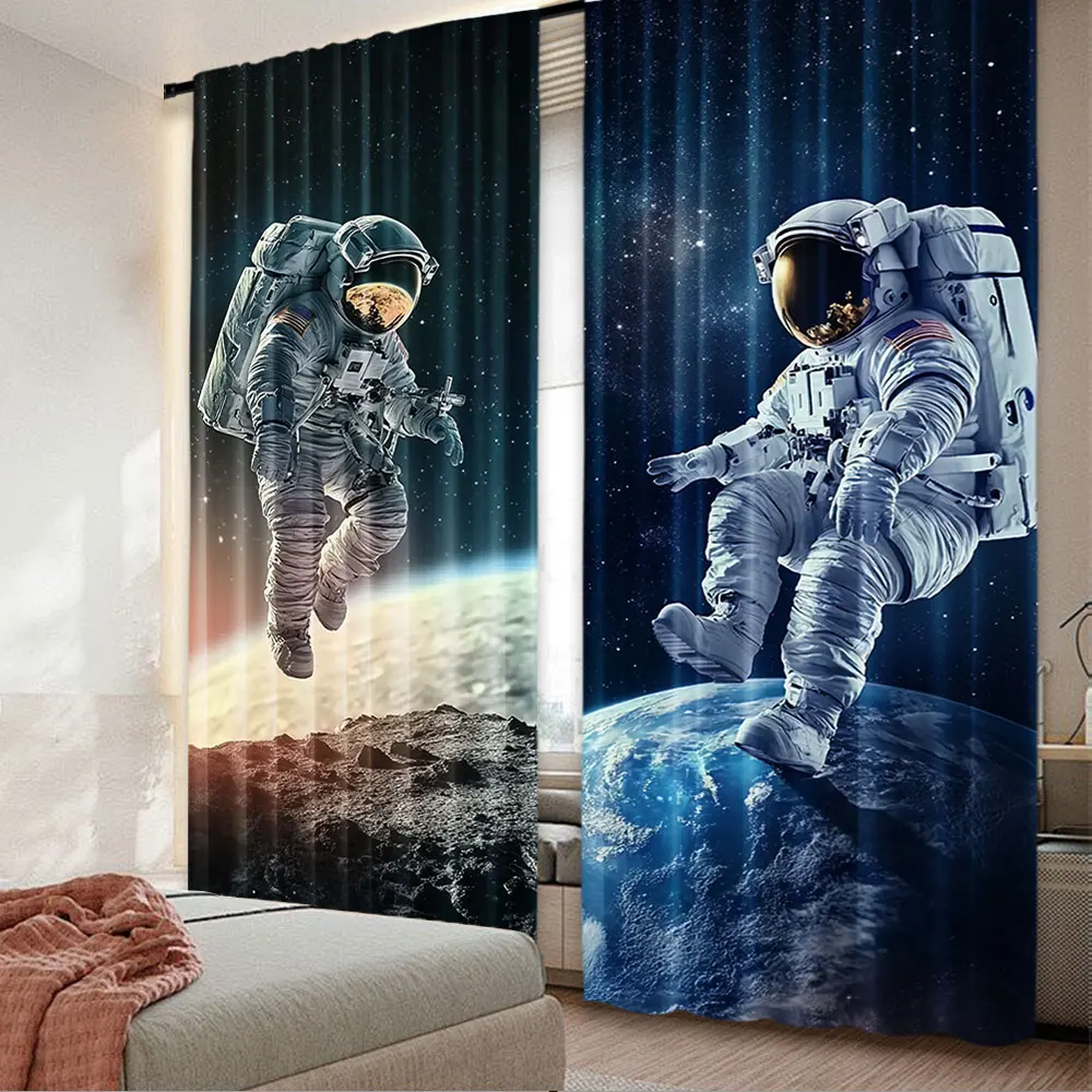 2Pcs Vibrant Astronaut Print Curtains Unique Space Themed Curtains Suitable For Bedroom Bathroom Living Room Dining Room Study