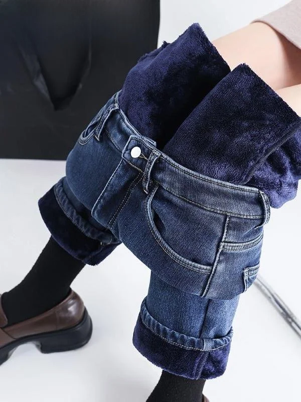 Bla Fce gevoerde Thi denim jeans dames hoge taille rechte pijpen slim fit negen punten broek herfst winter nieuwe Sle