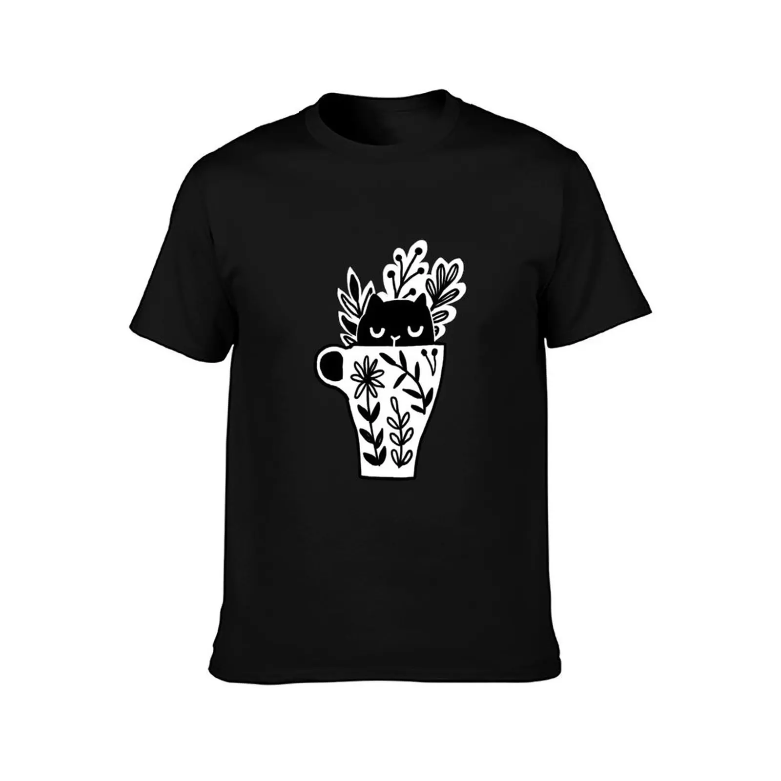 Black cat, tea mug, flower cup, coffee art. T-Shirt Plus Size Everyday Tee Shirt T-Shirt