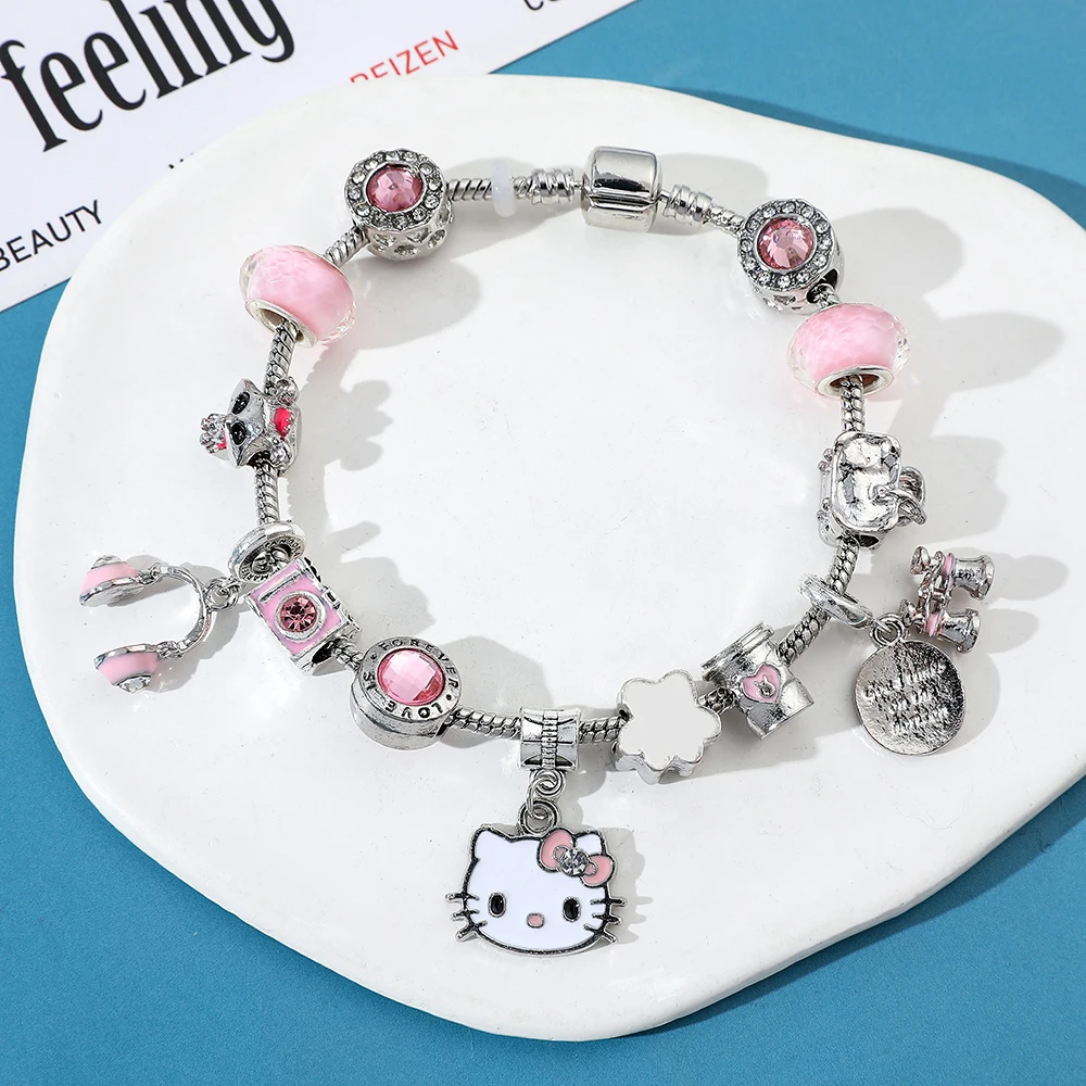 Pulsera de Aleación con Dijes de Anime de Hello Kitty de Sanrio, Ajustable, Linda, Accesorio de Moda, Regalo para Mujeres, Niñas y Amigas