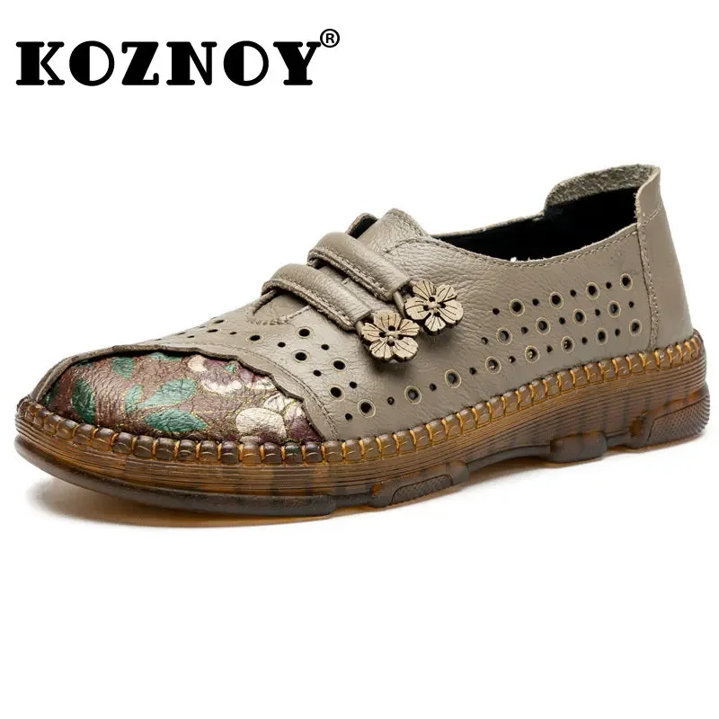 Koznoy Oxford Coffee Shoe Woman 3cm Genuine Leather Soft Soled Moccasins Summer Flats Ethnic Print Hollow Round Toe Loafers