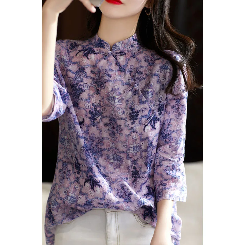 New Women's Summer Guofeng Coil Buckle Stand Collar Multicolor Printing Fashion Casual Half Sleeve Versatile Ramie Chiffon Top