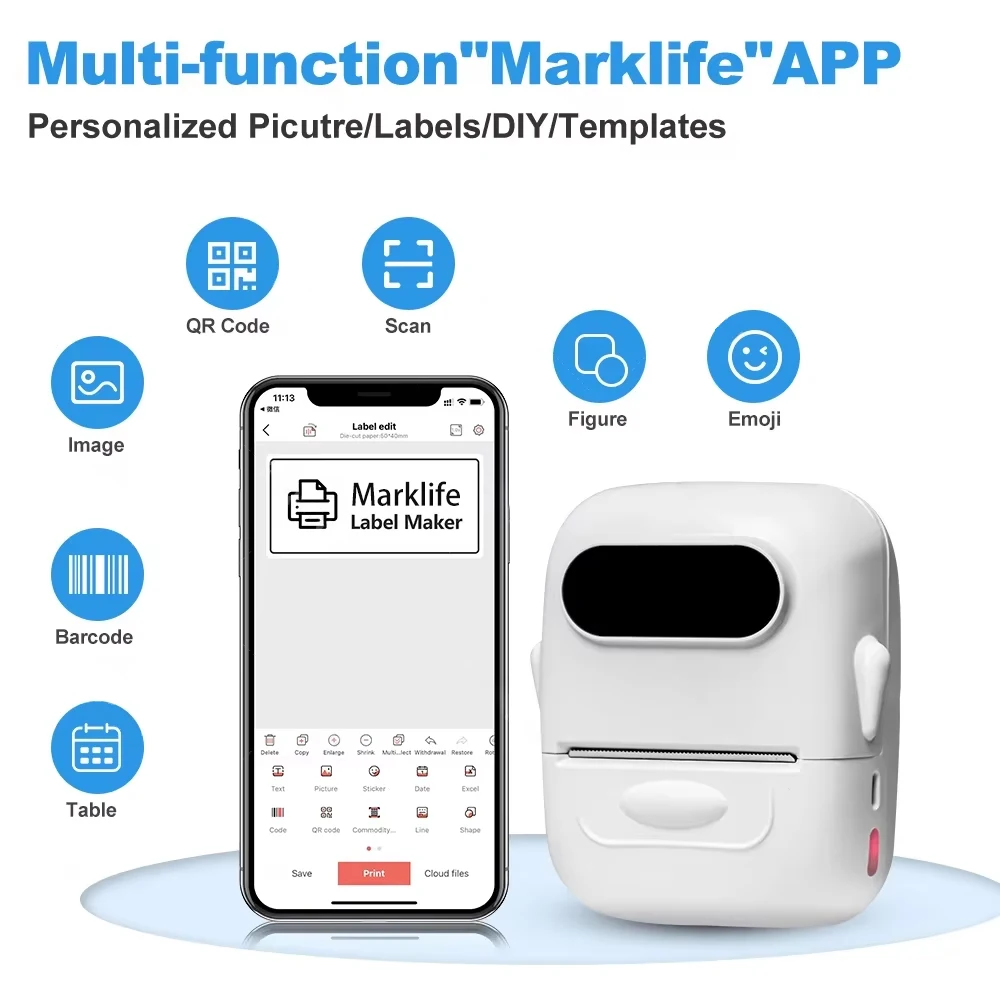 Marklife P50 Mini Label Printer Support Portable Thermal Printer Self-adhesive Labels Printer Tag Stickers Maker Or 1 Roll Label