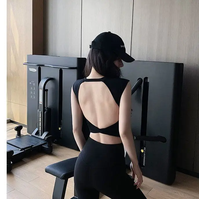 Slim Fit Hollow out Yoga Tank Top Women's Pure Color with Chest Pad Sexy Back Design Simple Style Thinming Effectiveness