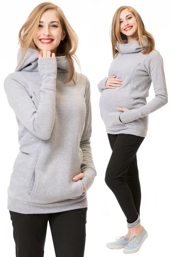 Autumn and Winter New Nursing Wear Maternity Plus Velvet Thickened Hooded Long-sleeved Half-finger Sweatshirt