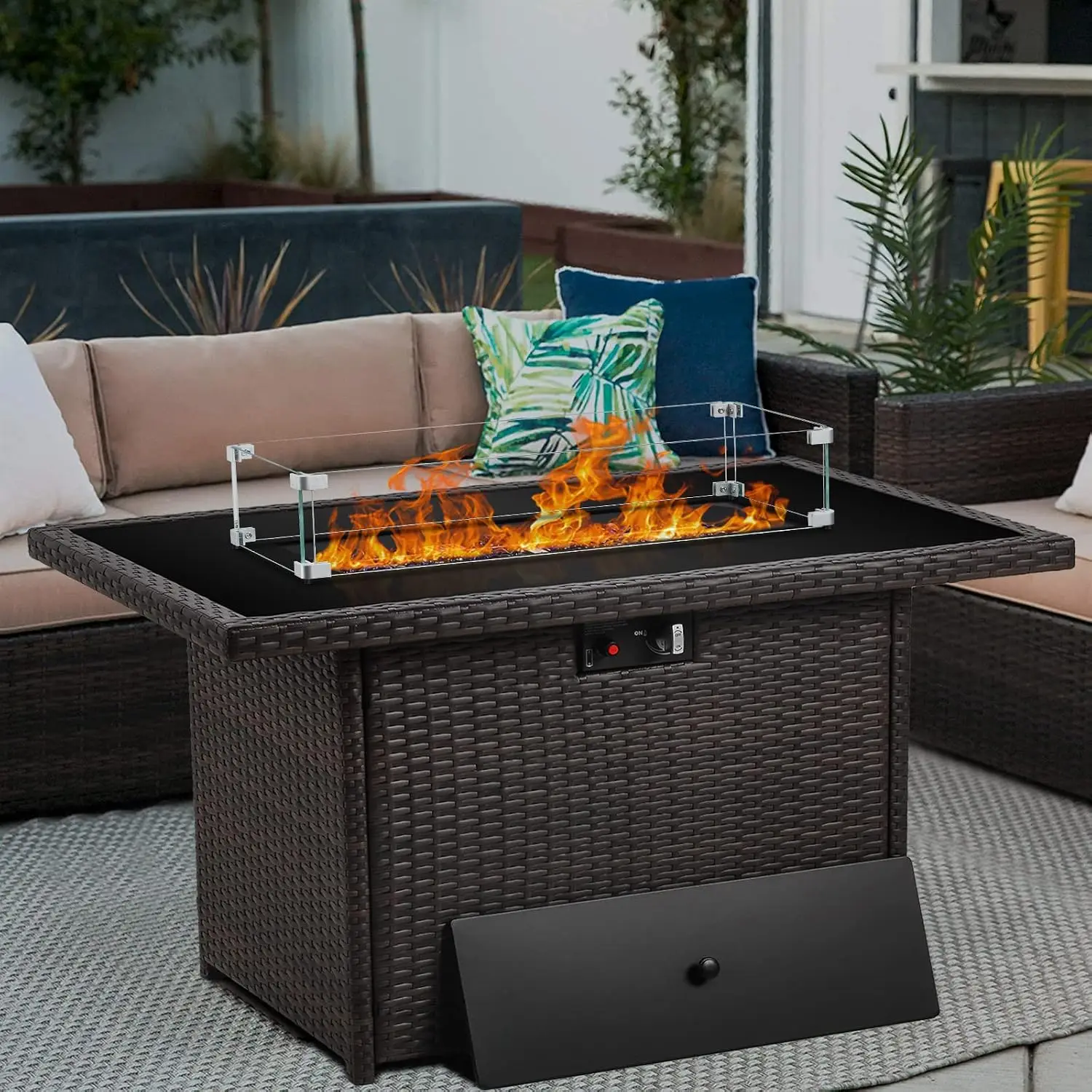 Propane Fire Pit Table 44 Inch 55000 BTU Outdoor Rectangular Glass Wind Guard Patio Deck Brown Glass Top, Customized