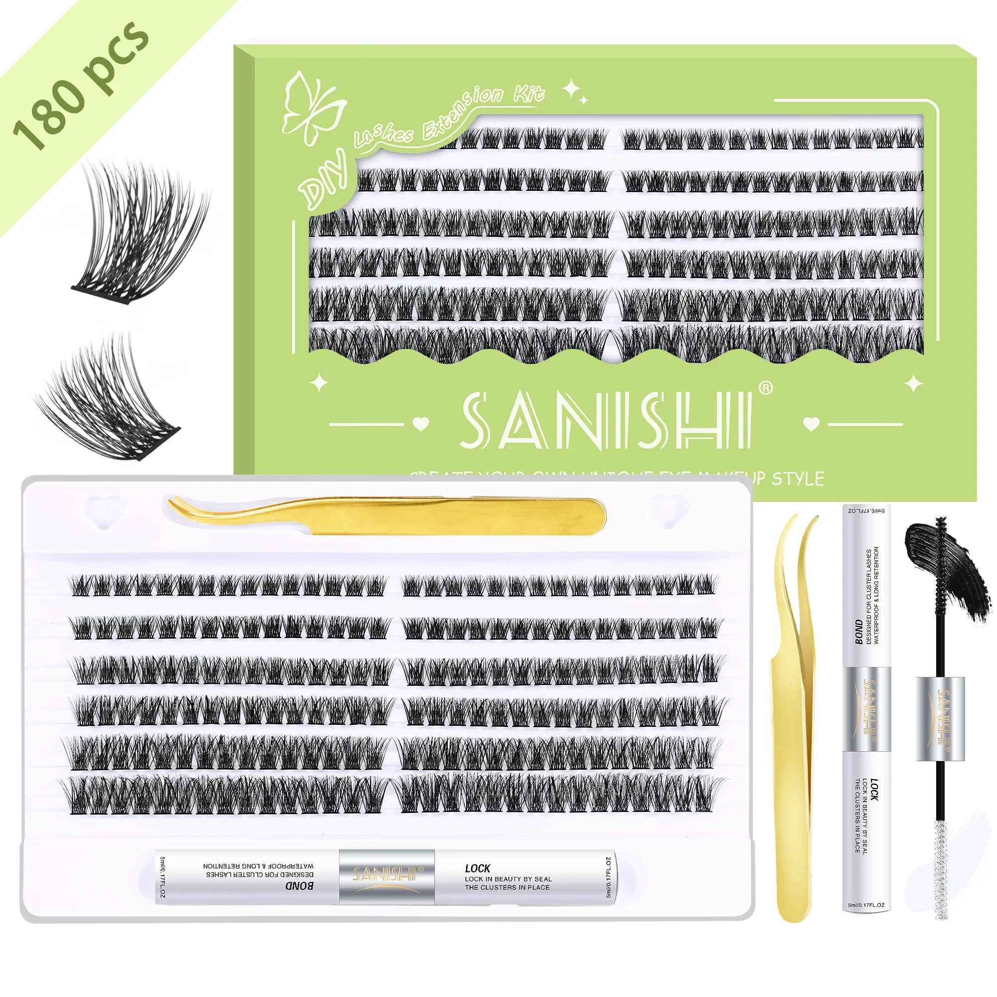 Sanishi Eyelash Extension Set 180PCS 9-16mm Hybrid Eyelash ExtensionSet with Eyelash Adhesive and Sealant and Eyelash Applicator