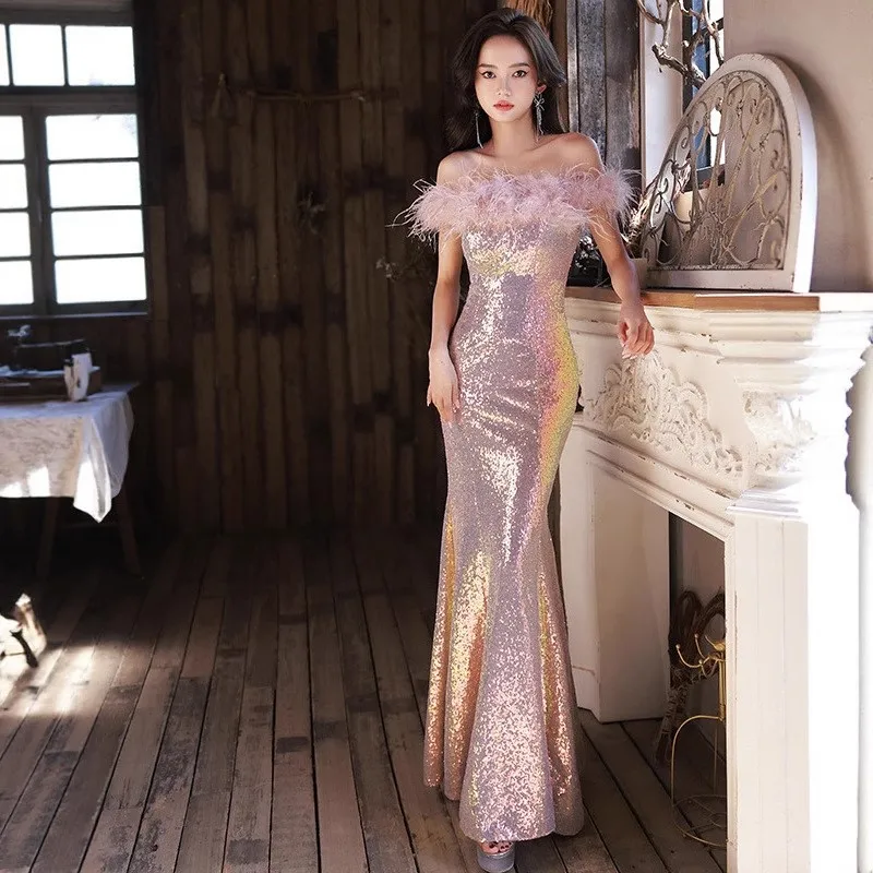 فستان جديد مزين بالترتر بكتف واحد بدون حمالات لا يرتدي لعروض الامتحانات الفنية الصوتية على ذيل السمكة #3