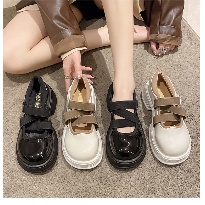 2023 New Platform Mary Jane Shoes Women\'s Retro Small Leather Shoe Thick Heel Shallow Mouth High Heels Socofy Chaussures Femmes