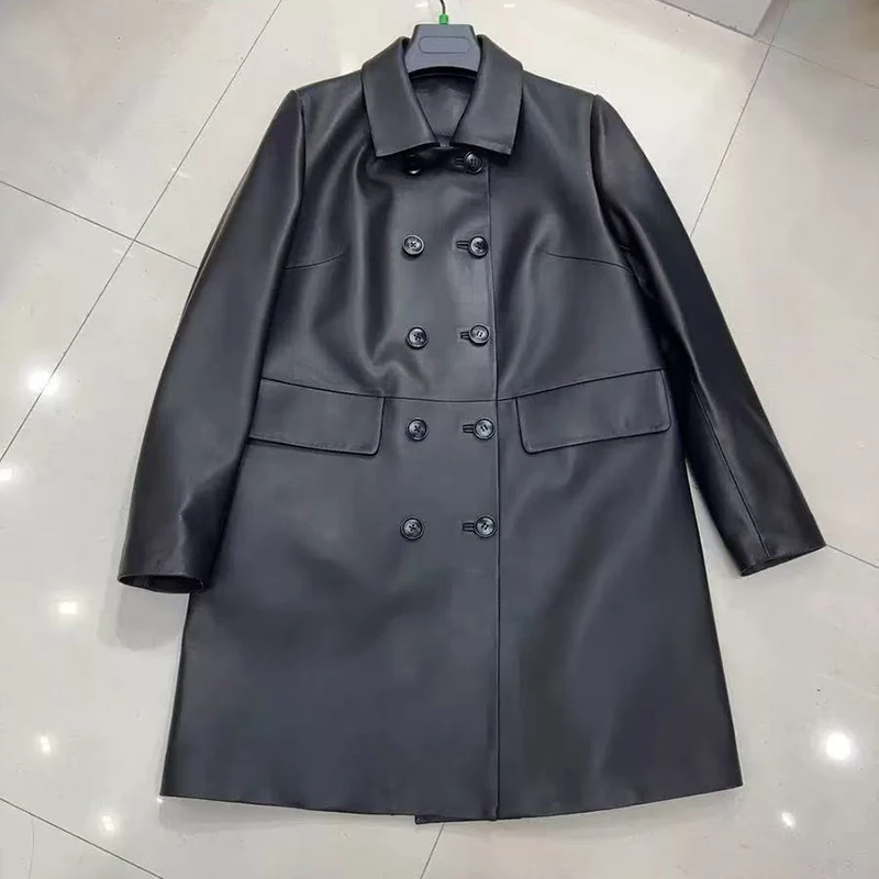 Kurtki damskie ze skóry naturalnej, średniej długości, dwurzędowe, w stylu brytyjskim, wysokiej jakości, garbowane roślinnie, z owczej skóry, wiatrówka.