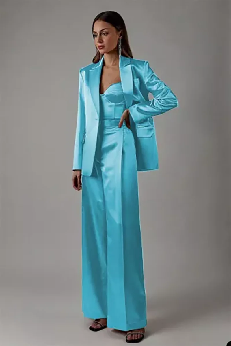 Slik Satin Women Suits 2 Piece Solid Color Pantsuits Businesss Blazer Jacket with Wide Leg Pants Fashion Wear Customized