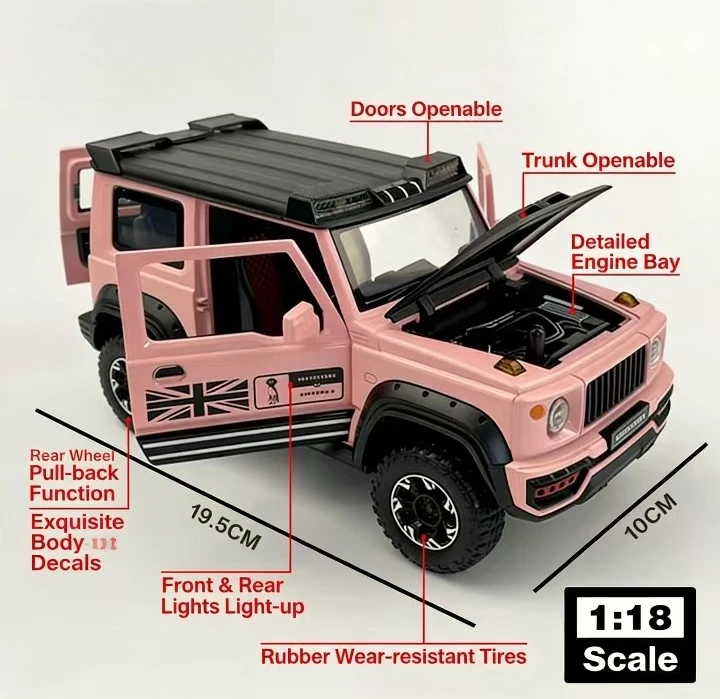 Modelo de carro em liga Suzuki Jimny 1:18 |   Ornamento grande com spray duplo, portas que podem ser abertas, função pull-back, efeitos sonoros e luminosos