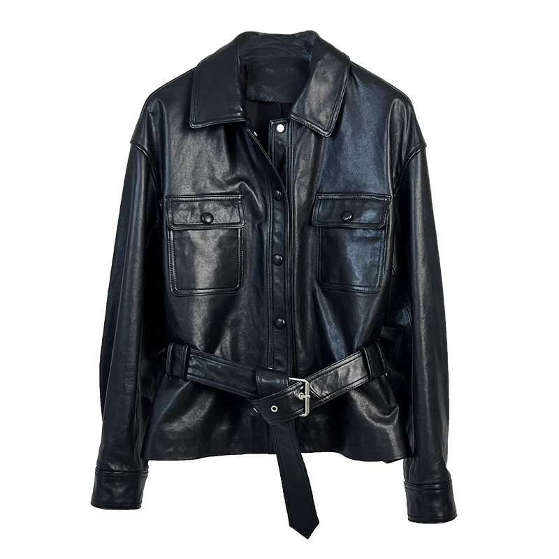 Casual Black Genuine Leather Jackets for Women Spring Autumn 2025 New High-end Simple Slim Belted Short Real Sheepskin Coat