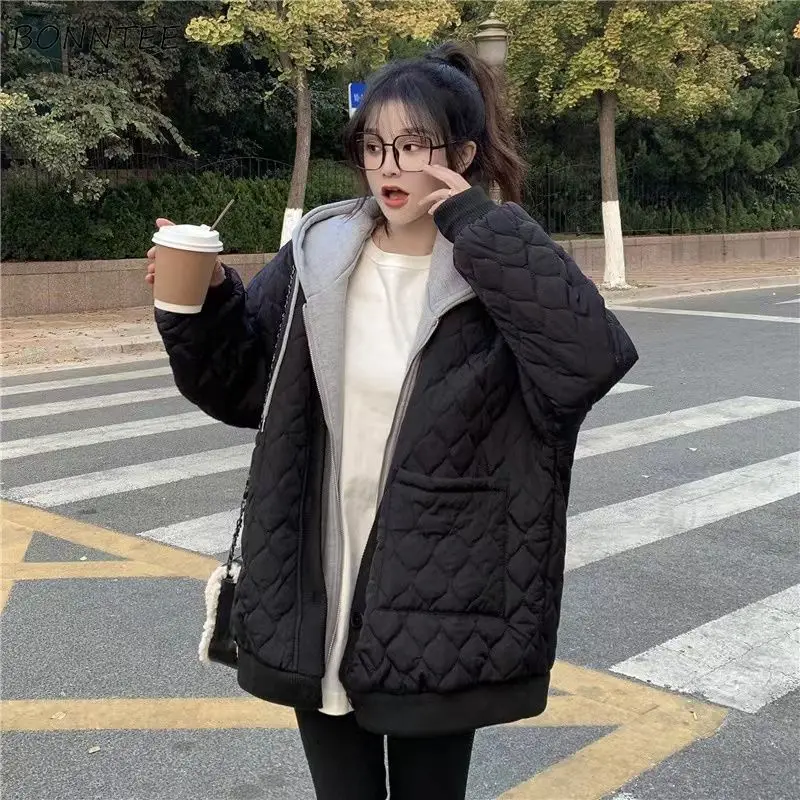 

Black Loose Parkas Women Fake Two Piece Big Pockets Warm Minimalist Korean Fashion Clothing Vintage Temper Zipper Girlish Casual