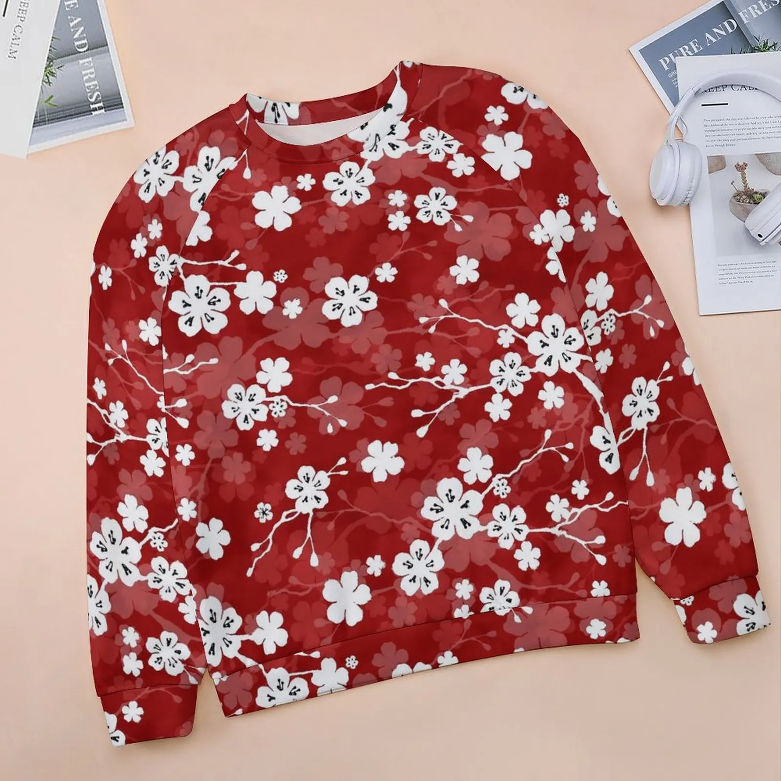 Red And White Floral Hoodies Women Long Sleeve Cherry Blossom Y2k Casual Hoodie Cheap Fashion Oversized Custom Sweatshirts