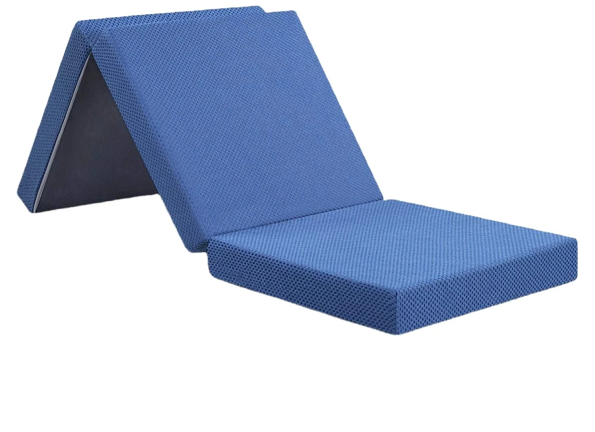 Memory foam tri-fold mattress in handbag with removable cover