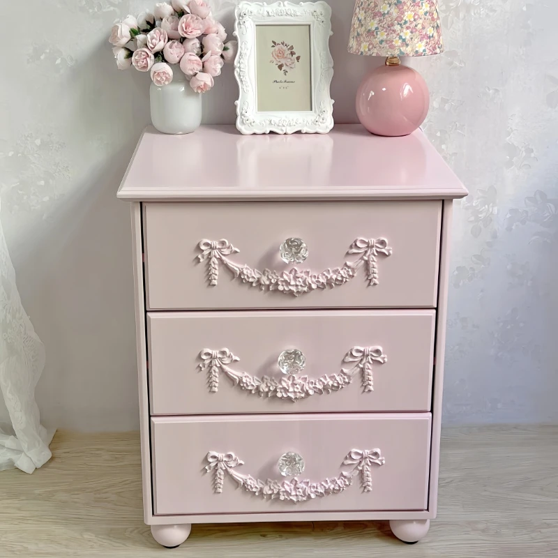French carved princess style solid wood bedside table with drawers dopamine girl heart bedroom nightstand home Furniture