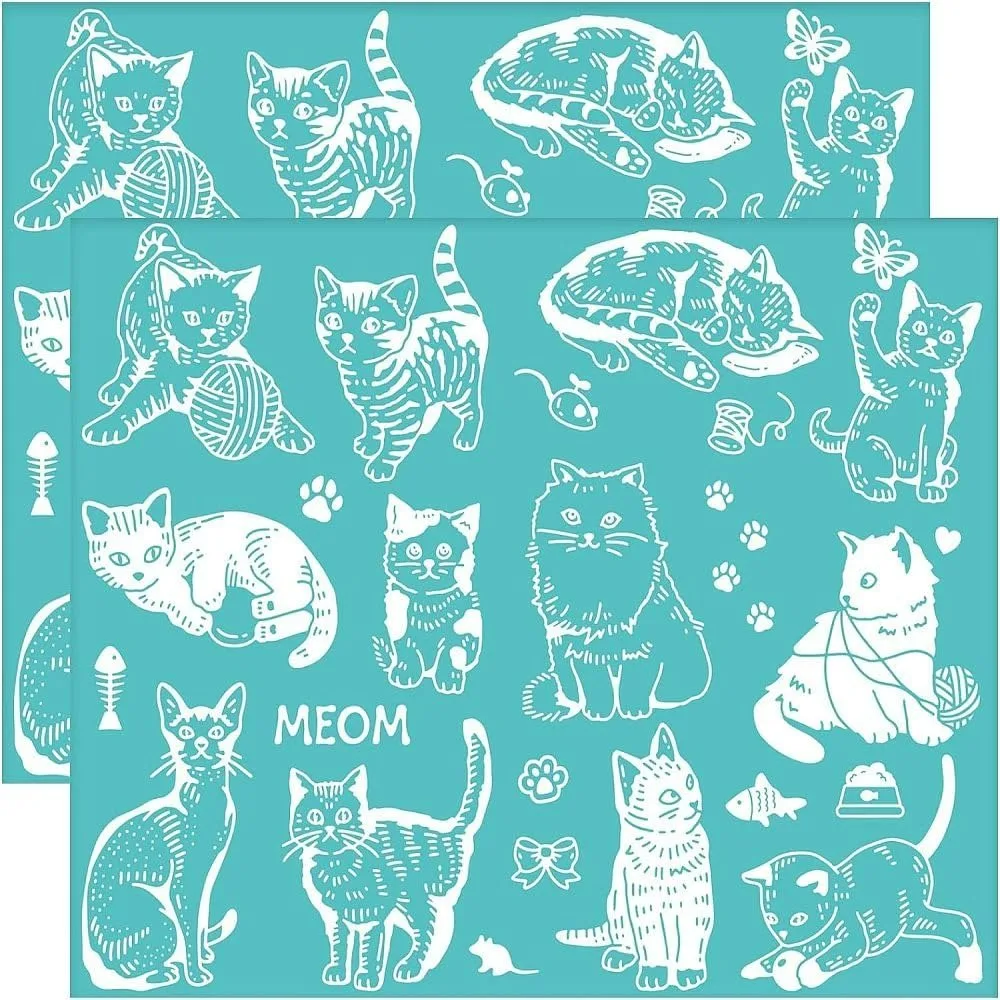 2 Pcs Cat Pattern Self-Adhesive Silk Screen Printing Stencil Vintage Mouse Butterfly Mesh Transfer Stencil Fish Silk Screen