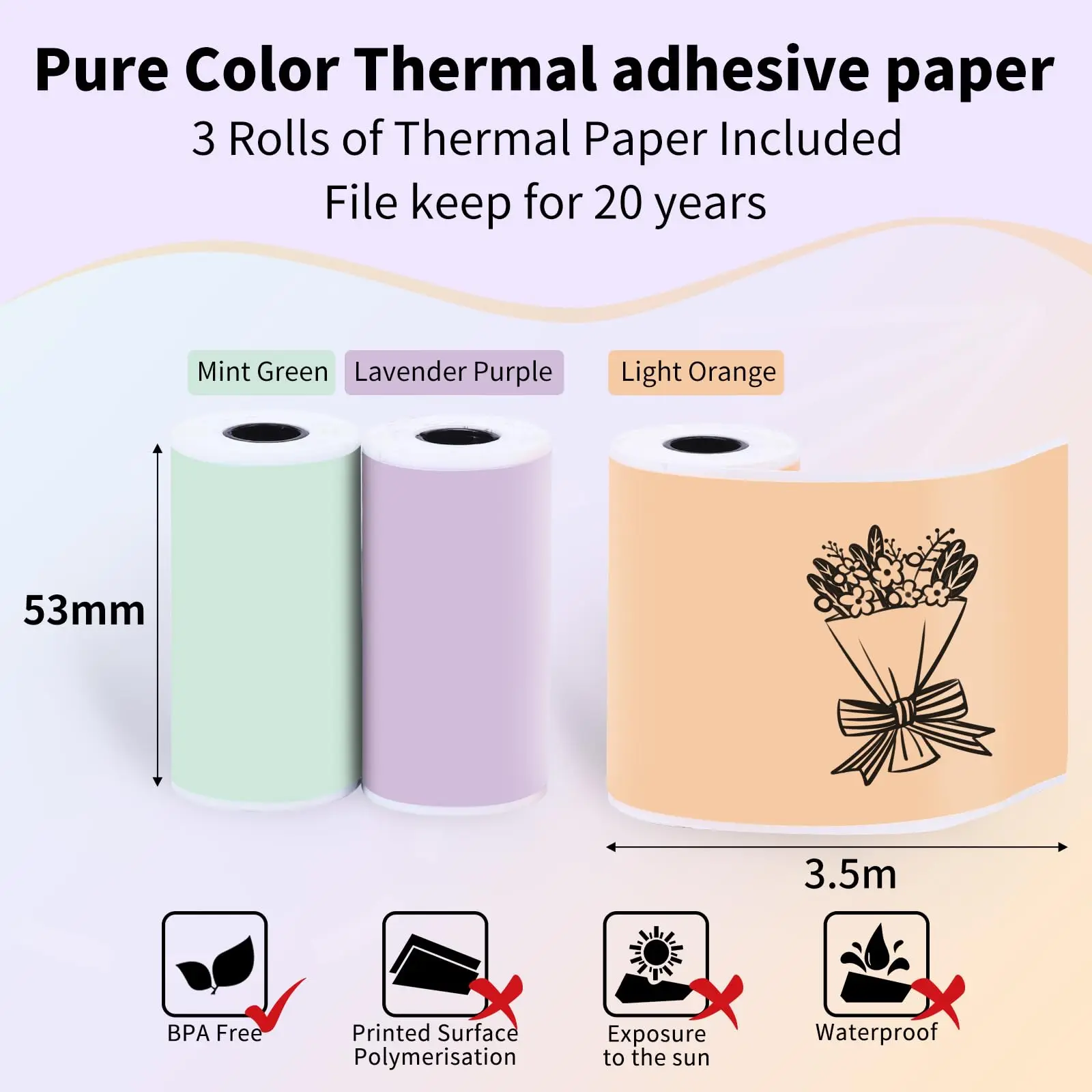 Colorful Self-Adhesive Thermal Paper Roll Printable Sticker Paper Green/Purple/Orange 50mmx3.5m for T02 M02X M02L Pocket Printer