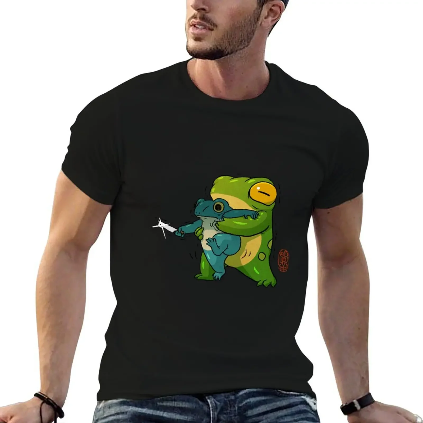 cute stabby frog being held back let it go bro artwork asian style T-Shirt oversized graphic tee graphics outfits for men