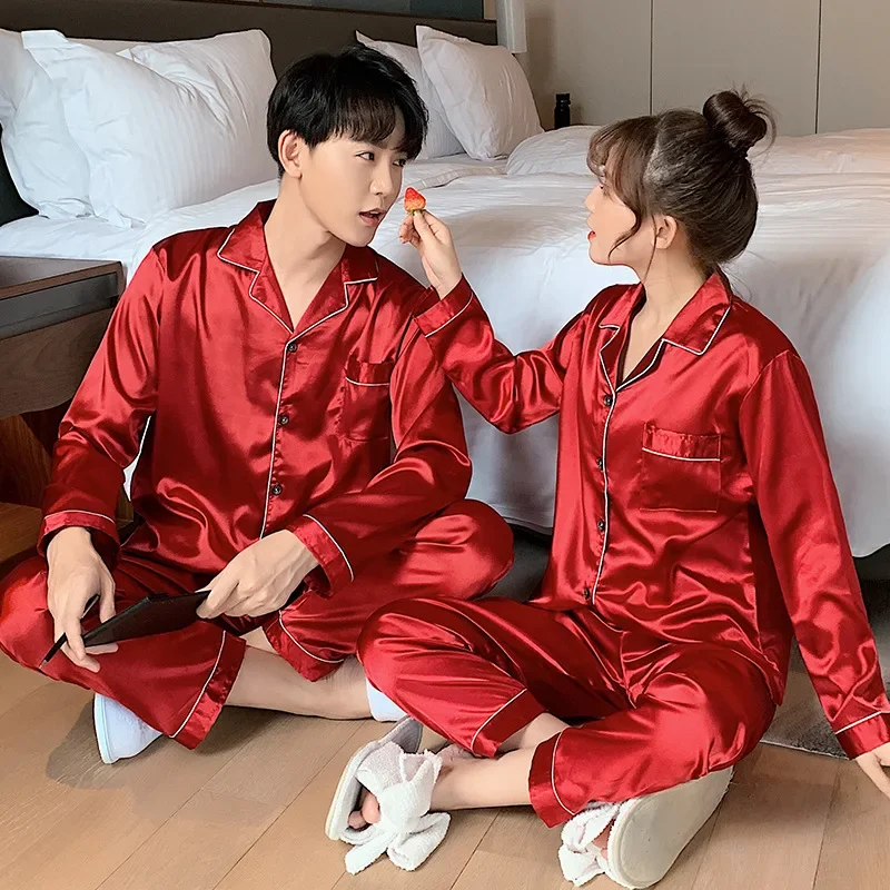 Ice Silk High-quality Couple Pajamas Women Autumn and WinterCardigan Long-sleeved Women Spring and Summer Men's Home Clothes