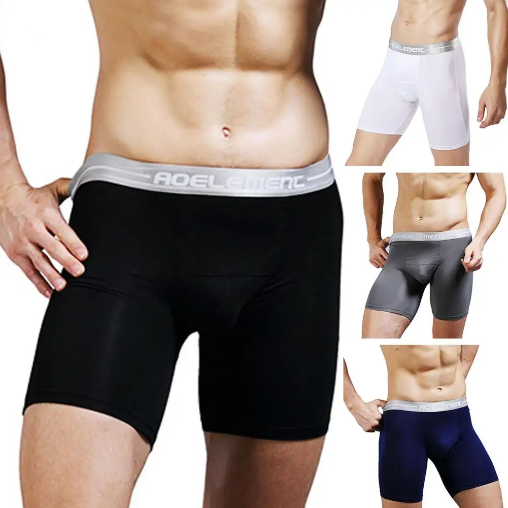 U-convex Long Leg Underpants Men\'s Letter Print Splicing Sport Underwear Solid Breathable U Pouch Mid-rise Shorts for Active