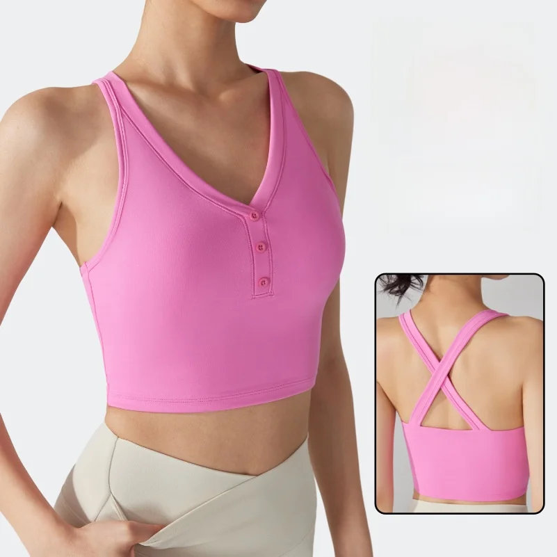 

Антибактериальное спортивное нижнее белье, женский сексуальный жилет для фитнеса и йоги с перекрестной спинкой и нагрудной подушечкой на пуговицах для бега