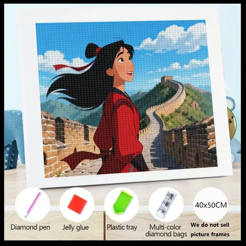 

1PC Detailed 5D DIY Diamond Painting Kit, Mulan & Great Wall Scene Full Drill Cartoon Princess Diamond Art Set 40x50CM, Rhinesto