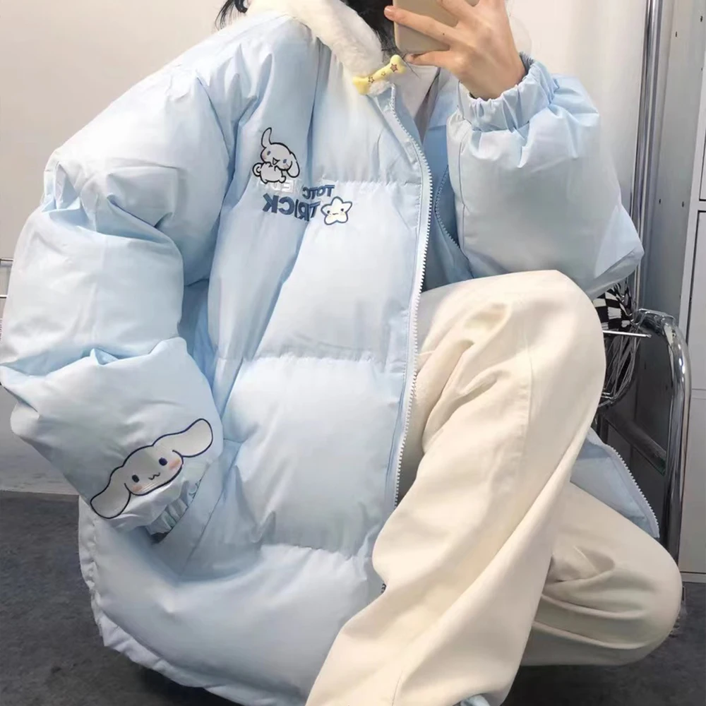 Sanrio Cinnamoroll Piumino invernale da donna Cartone animato Abiti in cotone Anime Addensare Cappotto con cappuccio Caldo carino Dolce Top Tempo libero Allentato