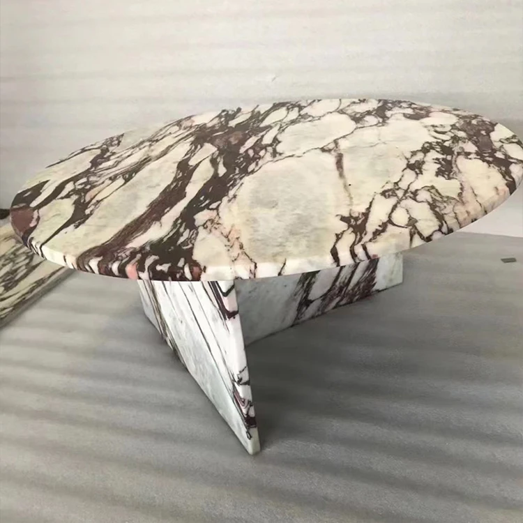 Italian Calacatta Viola Marble coffee table and round board and plinth for hotel decoration