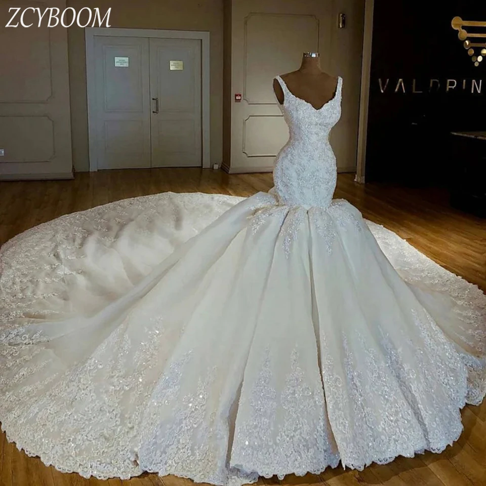 Vestido de novia blanco sin mangas con apliques de lentejuelas y tirantes finos personalizado 2024 vestido de novia de cola de barrido hasta el suelo de sirena