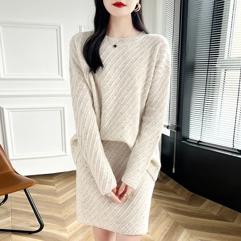 Fashion Knitted Set Women's Long Sleeve Sweater Bag Hip Skirt Two Piece Set Loose Top Short Skirt Women's 100 Pure Wool Set New