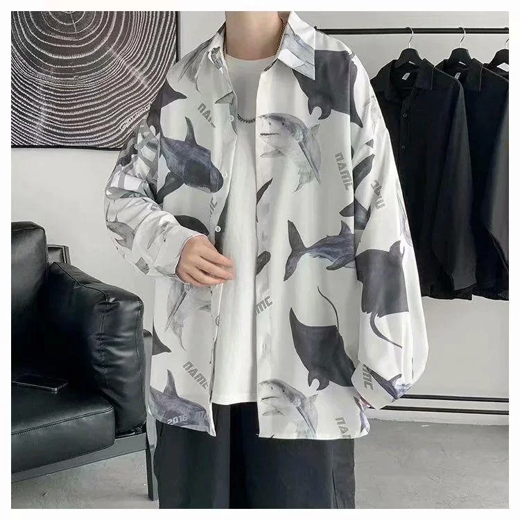 style summer and autumn loose trendy brand shirt Korean style trend versatile long-sleeved thin full-print shark shirt trend ins