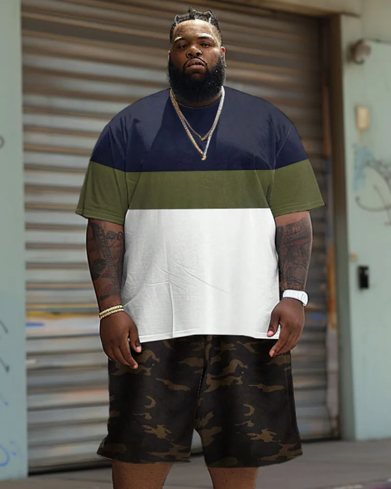 Biggmans Plus Size L-9Xl Men\'s T-Shirt Set Hip Hop Bronson Short Sleeve Tee Oversized Tops Casual Stripe Print Suit Clothing