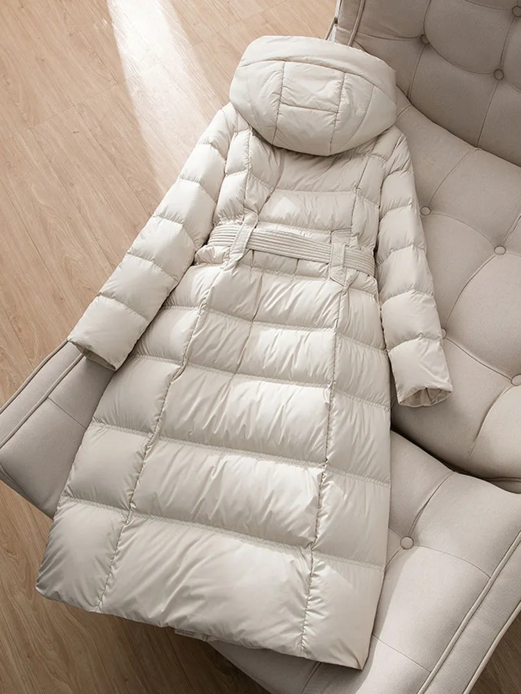 Winter Long Hooded Down Jacket For Women Solid Color Simple Lace Up Puff Coat American Fashion High Street Female Thick Overcoat