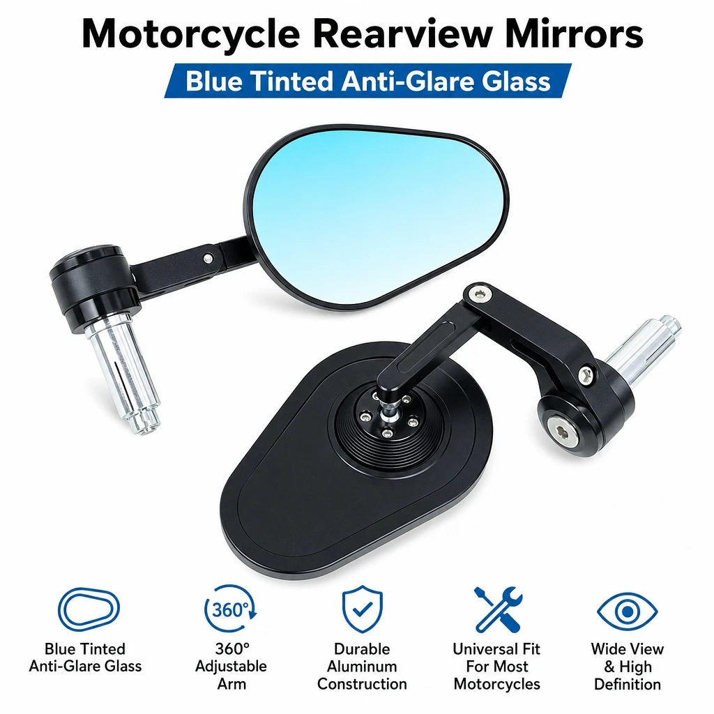 CNC Motorcycle Bar End Rearview Mirror Large Lens Anti-Glare Blue / Clear Glass Side Mirror Universal Motorbike Modified Rear Vi