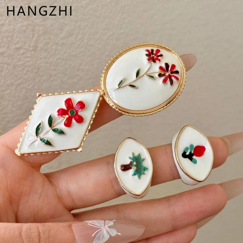 HangZhi Vintage Enamel Drip Glazed Painted Flower Open Ring Elegant Luxury Rose Geometric Jewelry for Women New