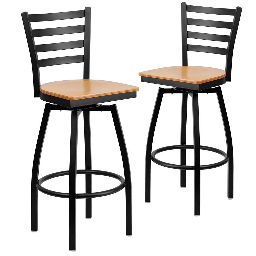 

2 Pack HERCULES Series Black Ladder Back Swivel Metal Barstool Natural Wood Seat