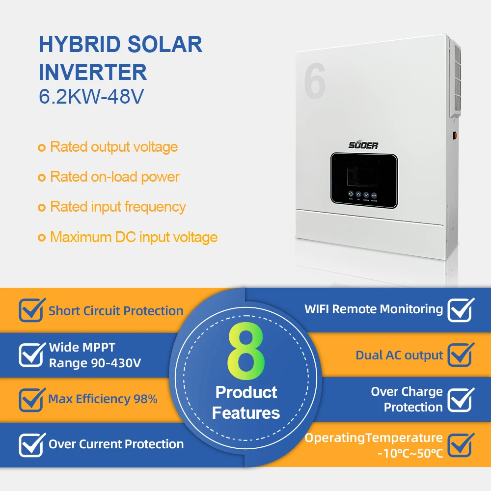 Hot Sale For 6200 Watts Puer Sine Wave MPPT Solar Hybrid Inverter LCD Display Single Phase Output 98% Efficiency Bolivian
