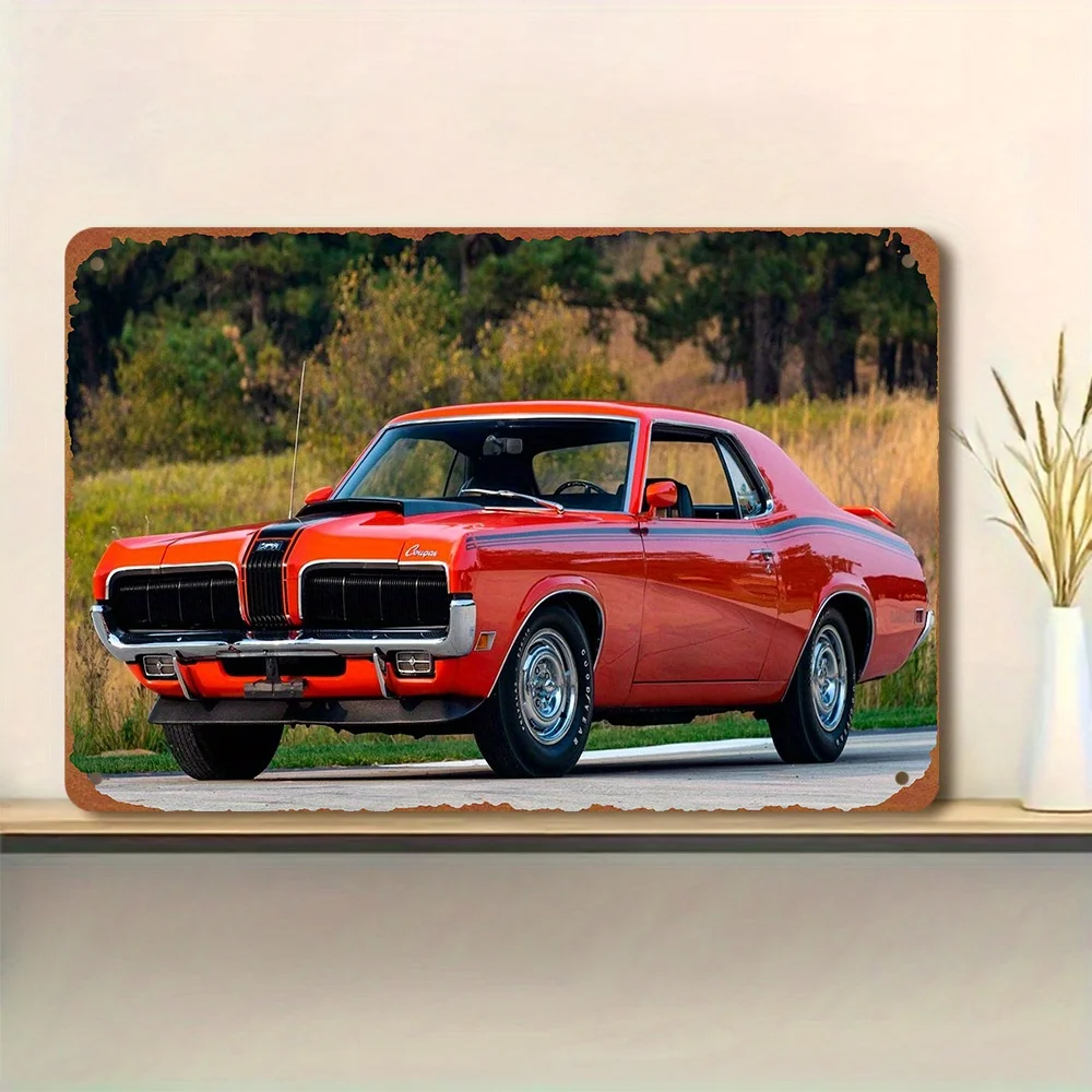 A Fiery Orange Light: Vintage Sports Car Themed Metal Sign Showcasing The Beauty of Power, Perfect for Enthusiasts, Suita