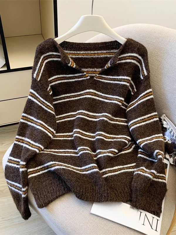 

Ladies Large Size Knitted Sweater Half Open Collar Lazy Style Artistic Retro Korean Striped Button Clip Mark Long Sleeve Card...